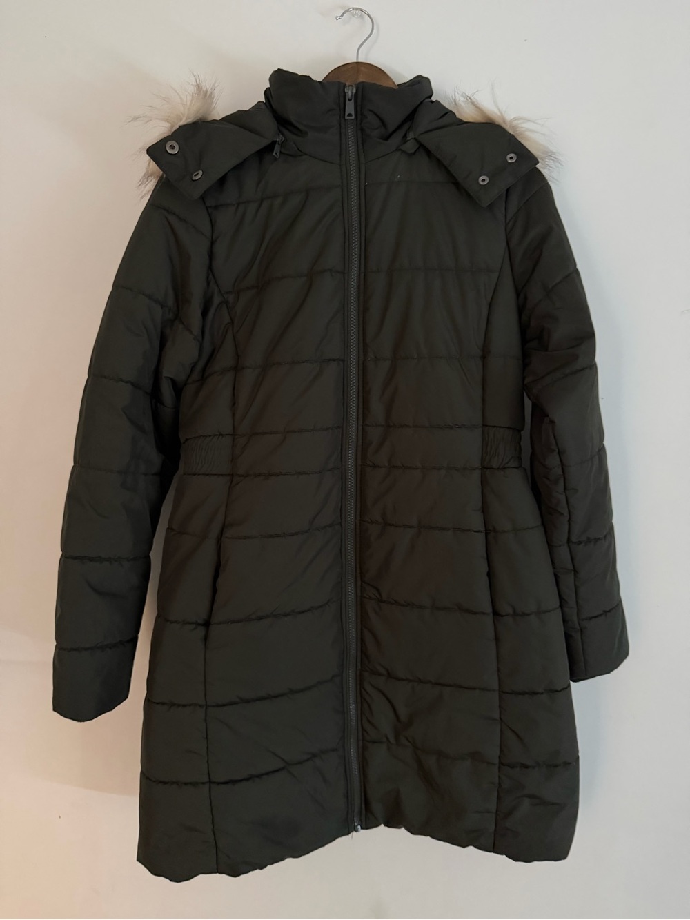 Banana Republic Dark Green Long Quilted Puffer Coat with Faux Fur Hood